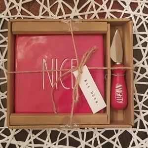 Rae Dunn Naughty & Nice Christmas Cheese Plate & Knife Spreader.  NWT Gift Set.